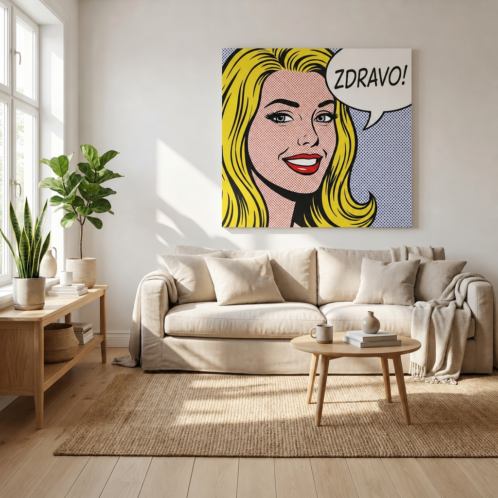 Pop-art slika na platnu okačena u dnevnoj sobi iznad sofe – personalizovan poklon iz fotografije, Papilora