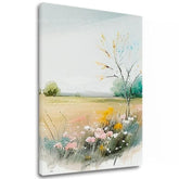 Moderan slika na platnu s motivom polje, drvo, nebo, cveće, priroda u višebojnih nijansama, mirna atmosfera, priroda i prolećna atmosfera – glavna