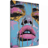 Ručno slikan slika na platnu s motivom Neon Lips na platnu u plavo-zlatnih nijansama, odvažna atmosfera, lepota | Slika Neon Lips na platnu – glavna