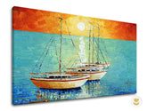 U boho stilu slika na platnu s motivom BRODOVI, sunce, more i plaža u plavo-tirkiznih nijansama, mirna atmosfera, pogodan za dnevnog boravka | Autorska reprodukcija na platnu BRODOVI – glavna