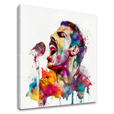 Pop art slika na platnu s motivom Ikonický rebel Freddie Mercury, mikrofon u ljubičasto-plavih nijansama, energična atmosfera, rock and roll, pogodan za radne sobe – glavna