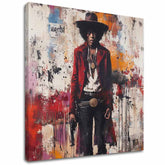 Moderan slika na platnu s motivom Jimi Hendrix - Divoký západ v akryle u belo-crvenih nijansama, drska atmosfera, rock and roll i muzička istorija – glavna