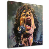 Moderan slika na platnu s motivom Mick Jagger - Legenda na pódiu, mikrofon u crvenih nijansama, strastvena atmosfera, strast | Slika Mick Jagger - Legenda na pódiu – glavna