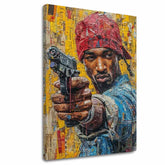 Ručno slikan slika na platnu s motivom Tupac Shakur - Rapová gangster u žuto-crvenih nijansama, gradski život | Slika Tupac Shakur - Rapová gangster – glavna