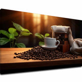 Moderan slika na platnu s motivom Elegancija Espressa, šolja kafe, mapa, priroda u belo-smeđih nijansama, ugodna atmosfera, pogodan za kuhinje – glavna