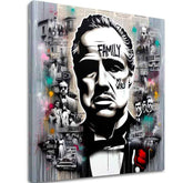 U boho stilu slika na platnu s motivom The Godfather - Mafiánsky Boss, mapa u belo-sivih nijansama, snaga i moć i filmski svet, pogodan za kancelarije – glavna