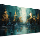 Art deko slika na platnu s motivom drveće, pejzaž, mapa, priroda u plavo-zelenih nijansama, mirna atmosfera, priroda i razmišljanje, pogodan za dnevnog boravka – glavna