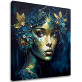 Art deko slika na platnu s motivom Feminine Grace in Motion, cveće, leptiri, zlatni akcenti, priroda u plavo-zelenih nijansama, pogodan za radne sobe – glavna