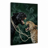 Moderna slika dve zveri, crni panter i leopard sa bisernom ogrlicom, 3D prikaz na platnu sa drvenim ramom, Papilora.