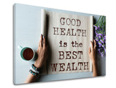 Moderan slika na platnu s motivom Good health, cveće, motivacioni citat, religiozni motiv, priroda u bež-smeđih nijansama, mirna atmosfera – proizvod