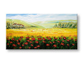 Rustikalan slika na platnu s motivom makovi, polje, nebo, pejzaž u plavo-zelenih nijansama, mirna atmosfera, priroda, pogodan za kuhinje | Autorska reprodukcija na platnu KRAJINA – glavna