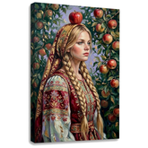 Slika mlade žene u tradicionalnoj nošnji sa jabukom na platnu — 3D vizuelizacija canvasa sa vidljivim drvenim ramom, Papilora Premium Art.
