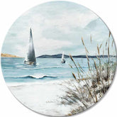 U boho stilu slika na platnu s motivom okean, pejzaž, more i plaža u belo-bežih nijansama, mirna atmosfera, primorski život i priroda, pogodan za spavaće sobe – glavna