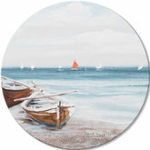 U boho stilu slika na platnu s motivom okean, plaža, nebo, pejzaž, more i plaža u belo-bežih nijansama, mirna atmosfera, pogodan za spavaće sobe – glavna