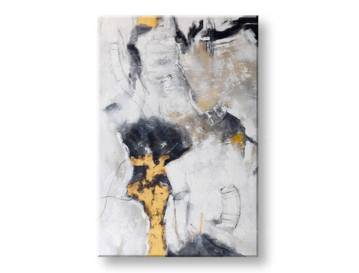 Detaljan pregled apstraktne kompozicije sa dominantnim crnim, belim i zlatnim tonovima Papilora.