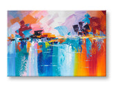Ručno oslikana slika na platnu sa motivom apstraktnog pejzaža sa živopisnim duginim bojama – 3D vizualizacija platna sa vidljivim drvenim podokvirom, Papilora.
