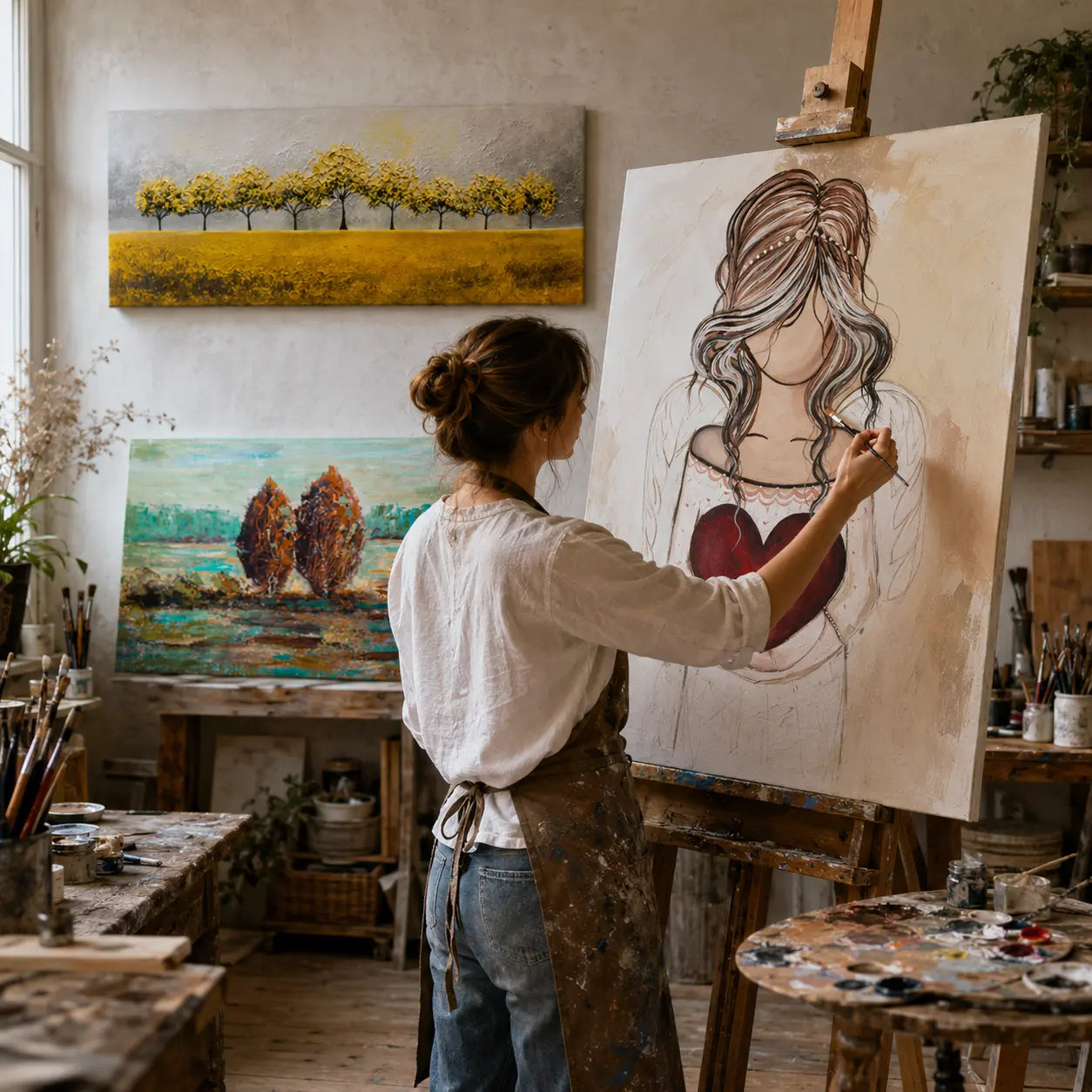 Apstraktna slika sa zlatnim i sivim linijama na beloj pozadini, ručno slikana na platnu sa vidljivim drvenim ramom, Papilora.
