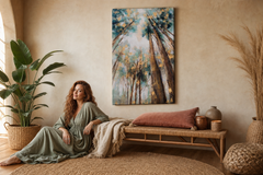 Oslikana slika za zid DRVEĆE 60x90 cm – ručno oslikana slika u elegantnom enterijeru (Bohemian warm) | wall mockup | premium platno | Papilora.sk