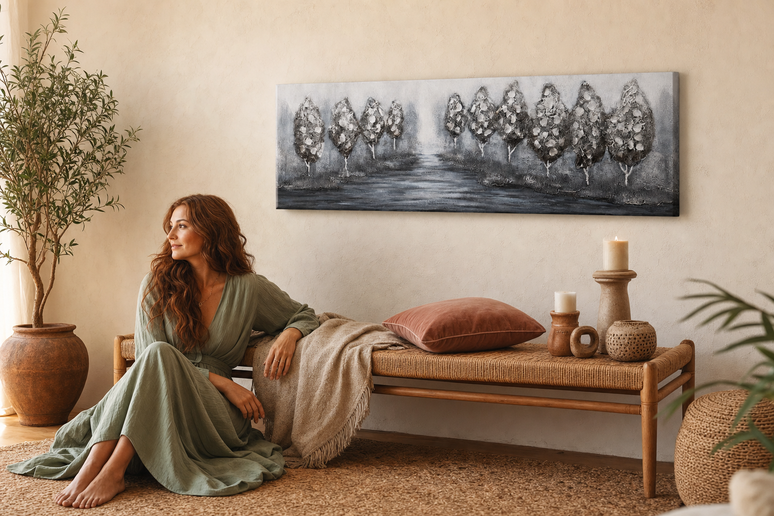 Oslikana slika za zid DRVEĆE 150x50 cm – ručno oslikana slika u elegantnom enterijeru (Bohemian warm) | wall mockup | premium platno | Papilora.sk
