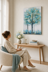 Oslikana slika za zid DRVEĆE 80x120 cm – ručno oslikana slika u elegantnom enterijeru (Scandi neutral) | wall mockup | premium canvas | Papilora.sk