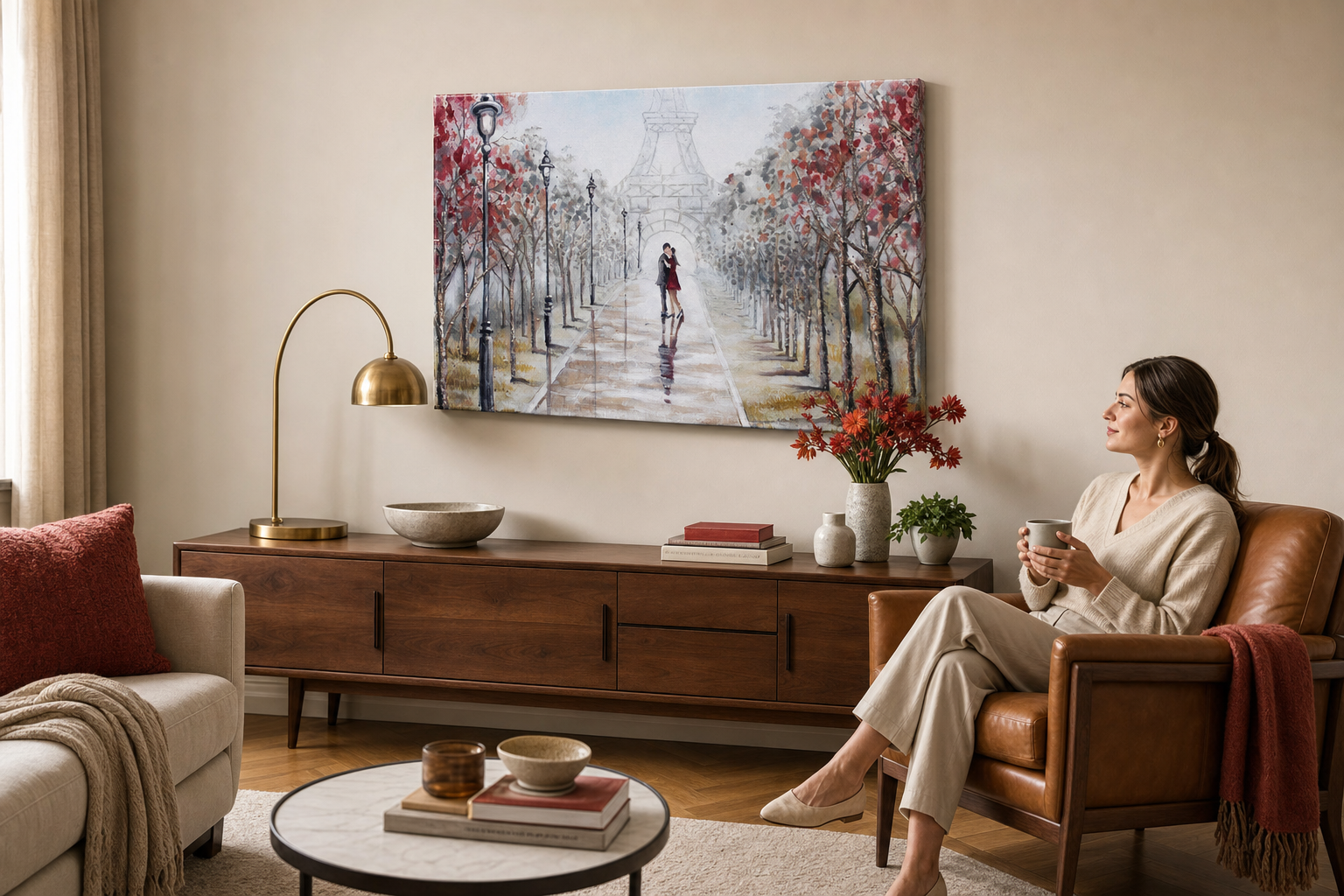 Oslikana slika za zid PARIZ 90x60 cm – ručno oslikana slika u elegantnom enterijeru (Mid-century warm) | wall mockup | premium canvas | Papilora.sk