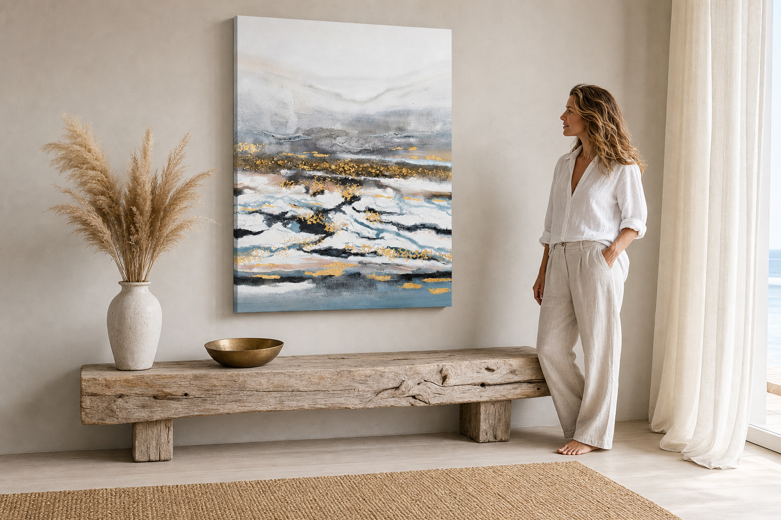 Oslikana slika za zid PRIRODA 60x90 cm – ručno oslikana slika u elegantnom enterijeru (Modern coastal) | wall mockup | premium canvas | Papilora.sk