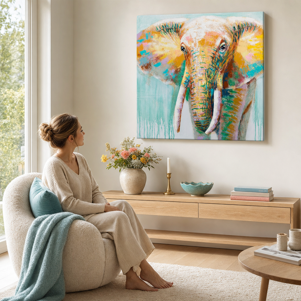 Slikana slika za zid SLON 70x70 cm – ručno slikana slika u elegantnom enterijeru (Skandi neutral) | wall mockup | premium platno | Papilora.sk