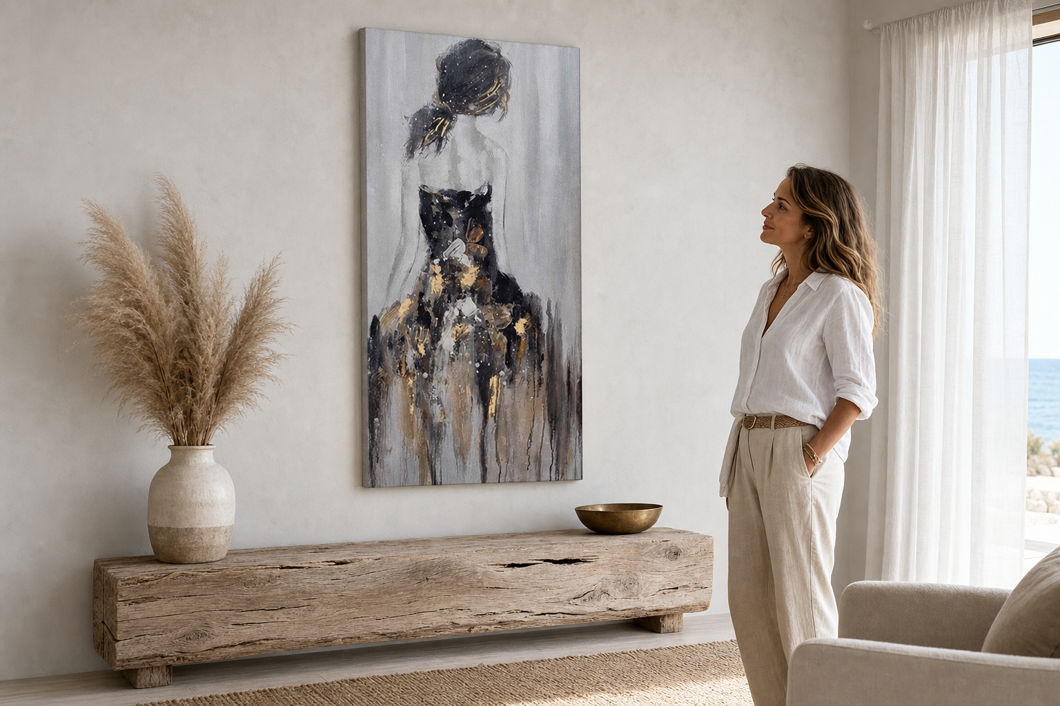 Oslikana slika za zid ŽENA 50x100 cm – ručno oslikana slika u elegantnom enterijeru (Modern coastal) | wall mockup | premium platno | Papilora.sk