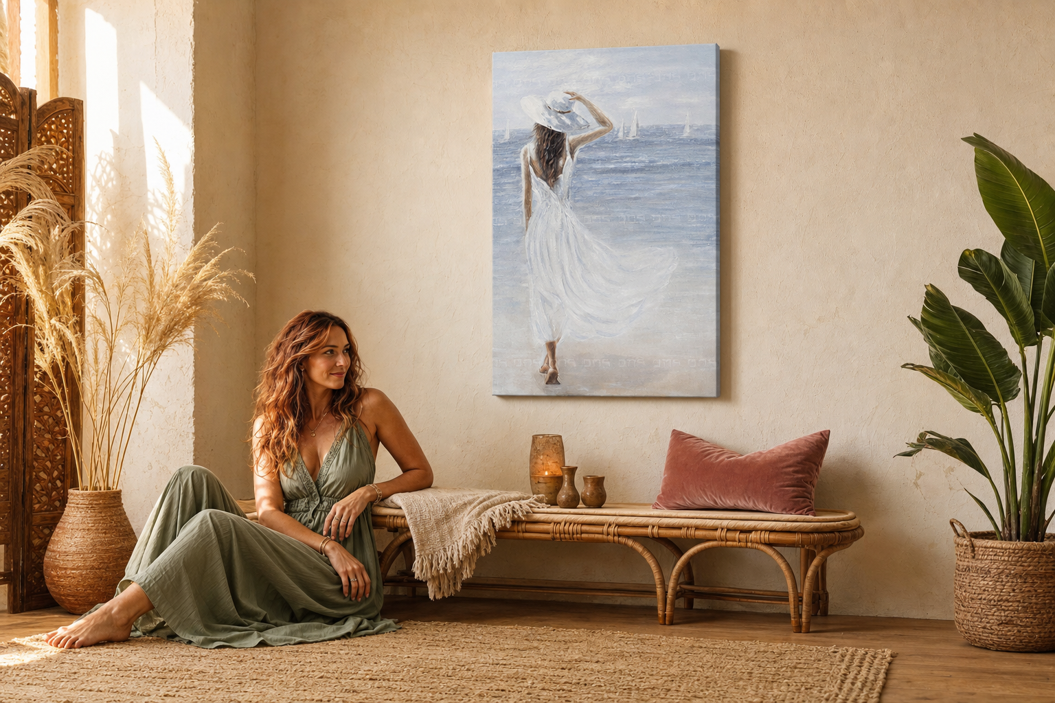 Oslikana slika na zidu ŽENA I MORE 60x90 cm – ručno oslikana slika u elegantnom enterijeru (Bohemian warm) | wall mockup | premium canvas | Papilora.sk