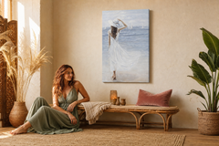 Oslikana slika na zidu ŽENA I MORE 60x90 cm – ručno oslikana slika u elegantnom enterijeru (Bohemian warm) | wall mockup | premium canvas | Papilora.sk