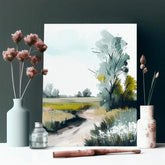 U boho stilu slika na platnu s motivom stazica, drveće, polje, nebo, pejzaž u belo-smeđih nijansama, mirna atmosfera, priroda, pogodan za dnevnog boravka – proizvod