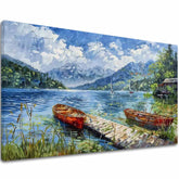 Pop art slika na platnu s motivom Miesto na oddych, jezero, planine, dečji motiv, životinja u belo-plavih nijansama, mirna atmosfera, pogodan za dnevnog boravka – glavna
