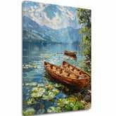 Pop art slika na platnu s motivom Romantika vo dvojici, jezero, planine, nebo u belo-smeđih nijansama, mirna atmosfera, priroda, pogodan za dnevnog boravka – glavna