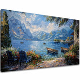 Art deko slika na platnu s motivom Prístav v horách, planine, jezero, cveće u belo-plavih nijansama, mirna atmosfera, priroda, pogodan za dnevnog boravka – glavna