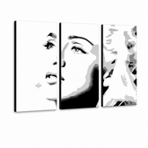Ručno oslikana POP Art Madona slika od 3 dela ma4 – 3D визуелизација ручно осликаног платна на белој позадини. Доминантне боје: црна, бела, сива.