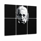 Ručno oslikana POP art slika Ajnštajn, 6 delova Ajnštajna – 3D визуелизација ручно осликаног платна на белој позадини. Доминантне боје: црна, бела, сива.