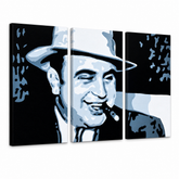 Ručno oslikana POP ART slika AL CAPONE – 3D визуелизација ручно осликаног платна на белој позадини. Доминантне боје: црна, плава, бела.