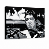 Ručno oslikana POP Art slika AL PAĆINO 1 komad al13 – 3D визуелизација ручно осликаног платна на белој позадини. Доминантне боје: црна, бела, сива.