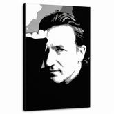 Ručno oslikana POP Art slika Bono-U2 1 komad bono – 3D визуелизација ручно осликаног платна на белој позадини. Доминантне боје: црна, бела, сива.
