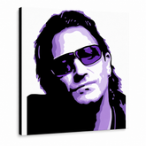 Ručno oslikana POP Art slika Bono-U2 1 komad bono3 – 3D визуелизација ручно осликаног платна на белој позадини. Доминантне боје: црна, љубичаста, бела.