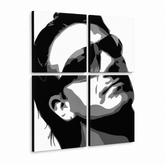 Ručno oslikana POP art slika Bono-U2 od 4 dela bono2 – 3D визуелизација ручно осликаног платна на белој позадини. Доминантне боје: црна, бела, сива.