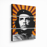 Ručno oslikana POP art slika Če Gevara od 3 dela – 3D визуелизација ручно осликаног платна на белој позадини. Доминантне боје: жута, црна, бела, сива, наранџаста.