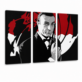 Ručno oslikana POP art slika Džejms Bond iz 3 dela, Bond 2 – 3D визуелизација ручно осликаног платна на белој позадини. Доминантне боје: црна, црвена, бела.