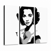 Ručno oslikana POP art slika Elizabet Tejlor, 3 dela – 3D визуелизација ручно осликаног платна на белој позадини. Доминантне боје: црна, бела, сива.