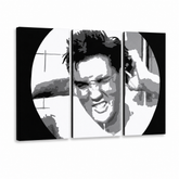 Ručno oslikana POP art slika ELVIS od 3 dela el2 – 3D визуелизација ручно осликаног платна на белој позадини. Доминантне боје: црна, бела, жута.