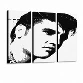 Ručno oslikana POP art slika ELVIS od 3 dela – 3D визуелизација ручно осликаног платна на белој позадини. Доминантне боје: црна, бела, сива.