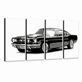 Ručno oslikana POP art slika Ford Mustang, 4 dela, FM – 3D визуелизација ручно осликаног платна на белој позадини. Доминантне боје: црна, сива, бела.