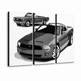 Ručno oslikana POP art slika FORD MUSTANG od 3 dela fm2 – 3D визуелизација ручно осликаног платна на белој позадини. Доминантне боје: црна, бела, сива.