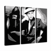 Ručno oslikana POP art slika Frenk Sinatra greh od 3 dela – 3D визуелизација ручно осликаног платна на белој позадини. Доминантне боје: црна, бела, сива.