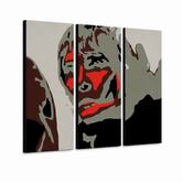 Ručno oslikana POP art slika Ijan Braun, 3 dela, ibb – 3D визуелизација ручно осликаног платна на белој позадини. Доминантне боје: црна, црвена, сива, смеђа, бела.